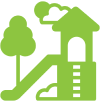Green playground icon with slide and tree.
