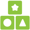 Green shapes on black background, star, circle, triangle.